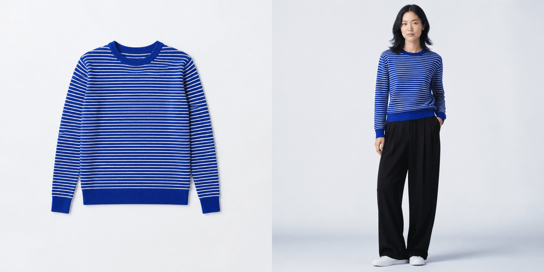 Illustrative before-and-after example of a blue striped knit flat lay and an adult model wearing the same garment