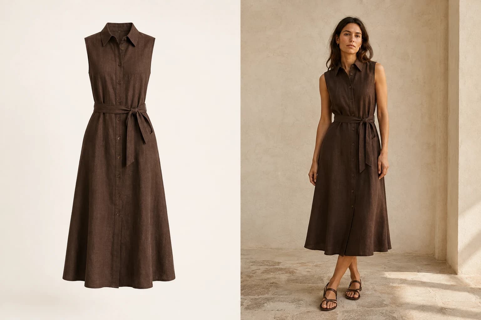 Illustrative AI model wearing a chocolate-brown belted linen shirt dress